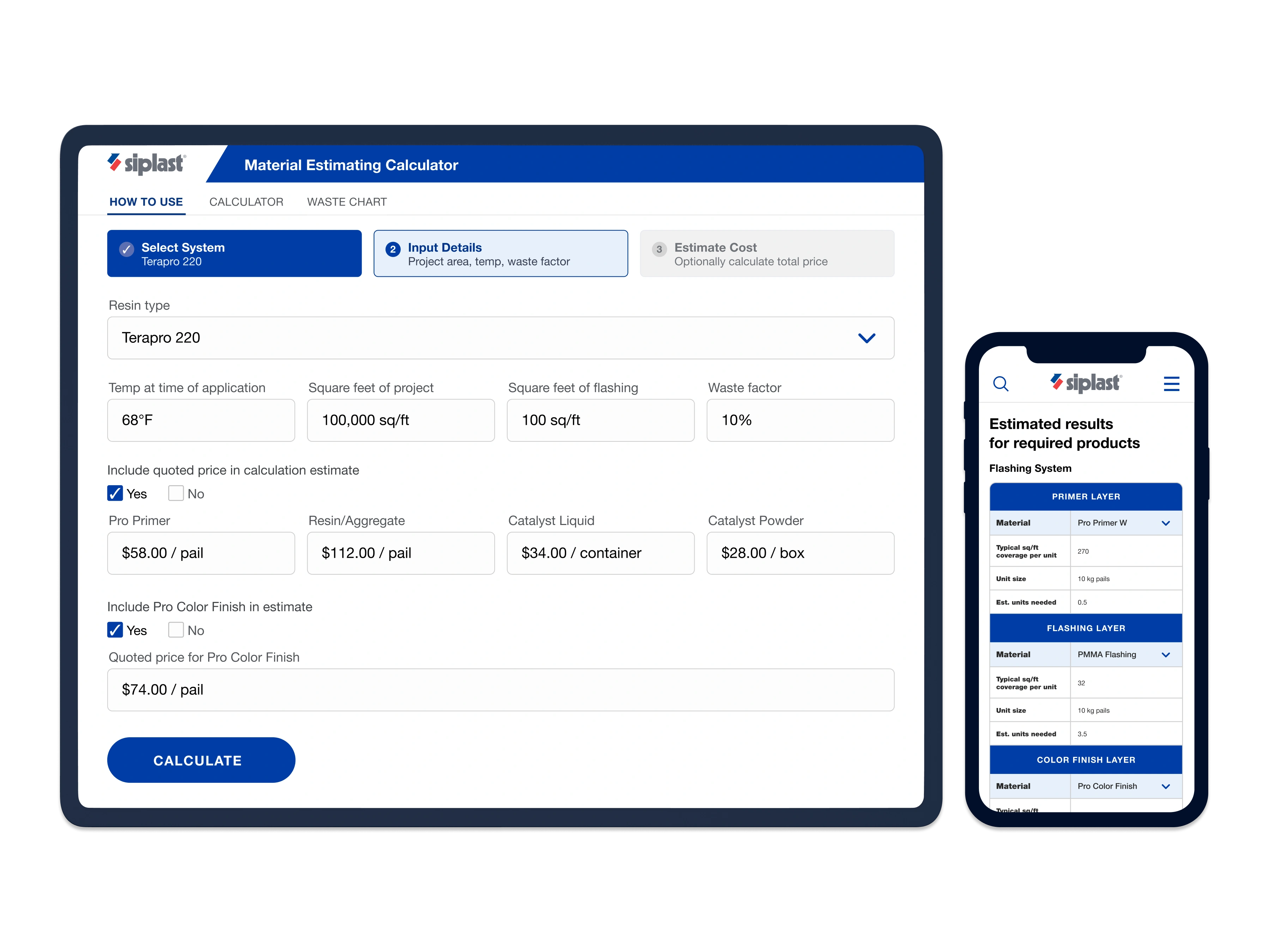 Material Estimating Calculator interface shown on desktop and mobile