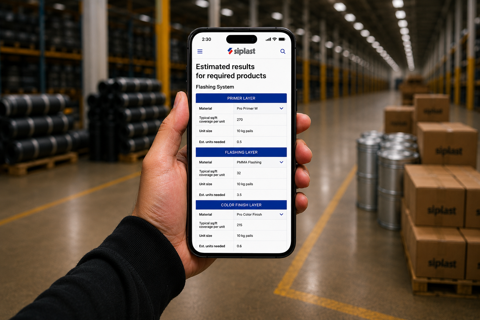 Contractor holding a phone displaying the Siplast material estimating calculator results screen in a warehouse setting