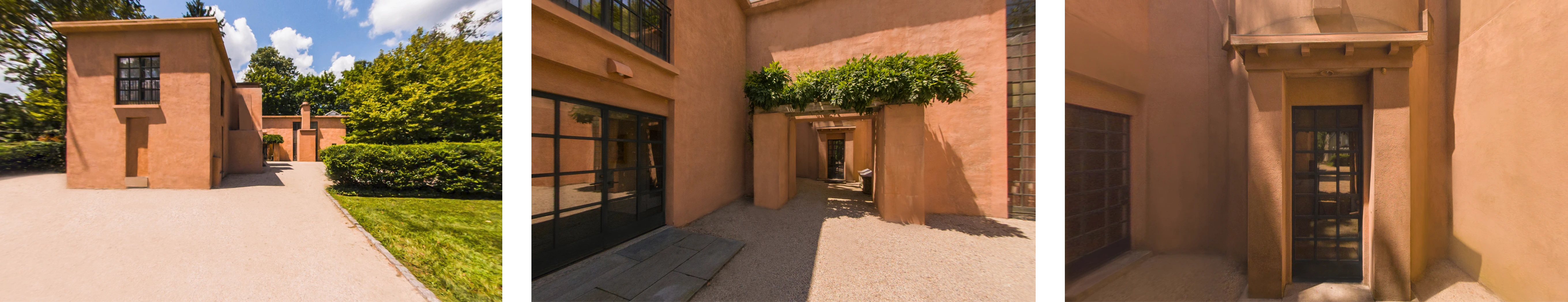 Three exterior views of the Michael Graves residence showing its terracotta stucco facade, courtyard, and entryway
