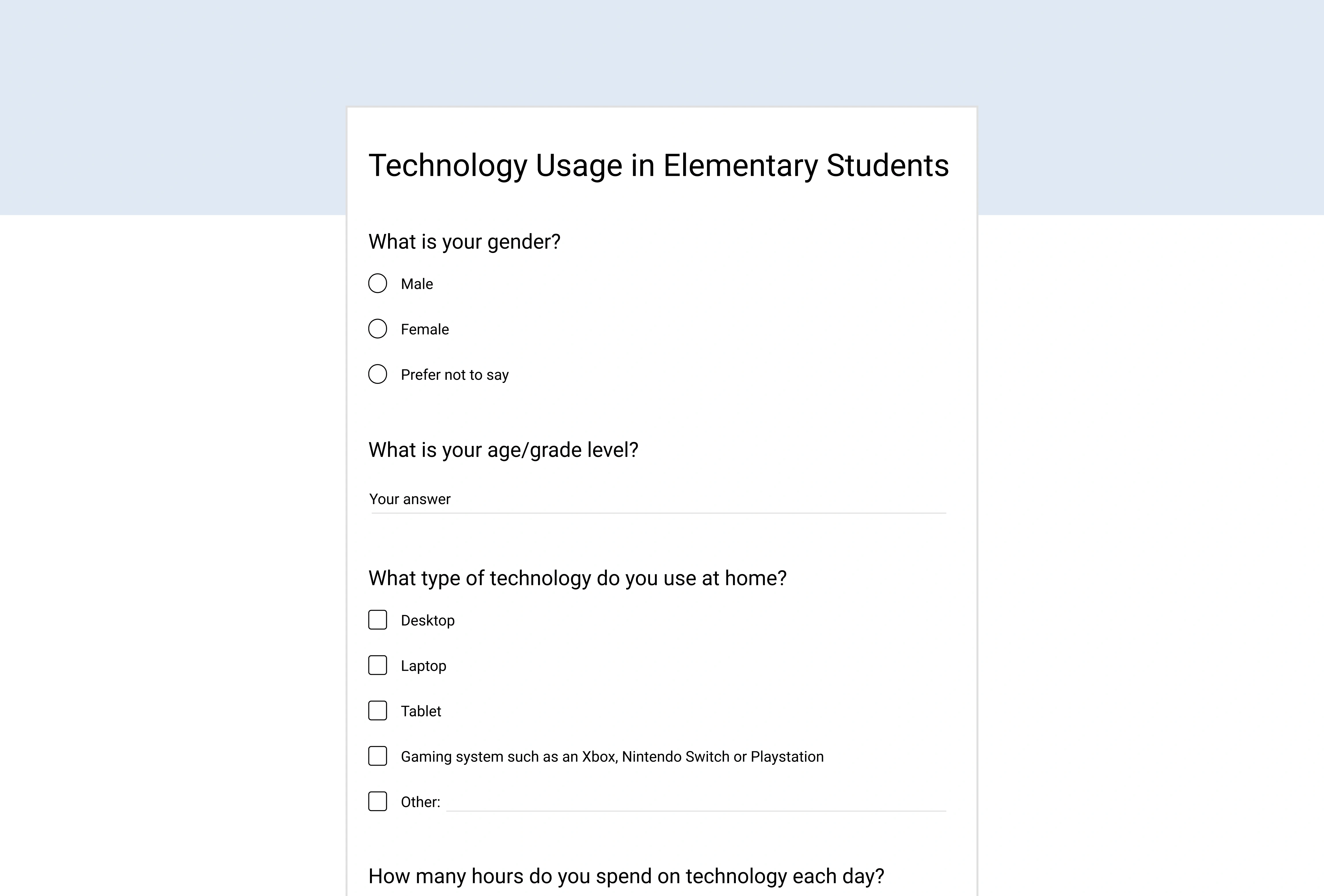 The technology usage survey given to elementary students