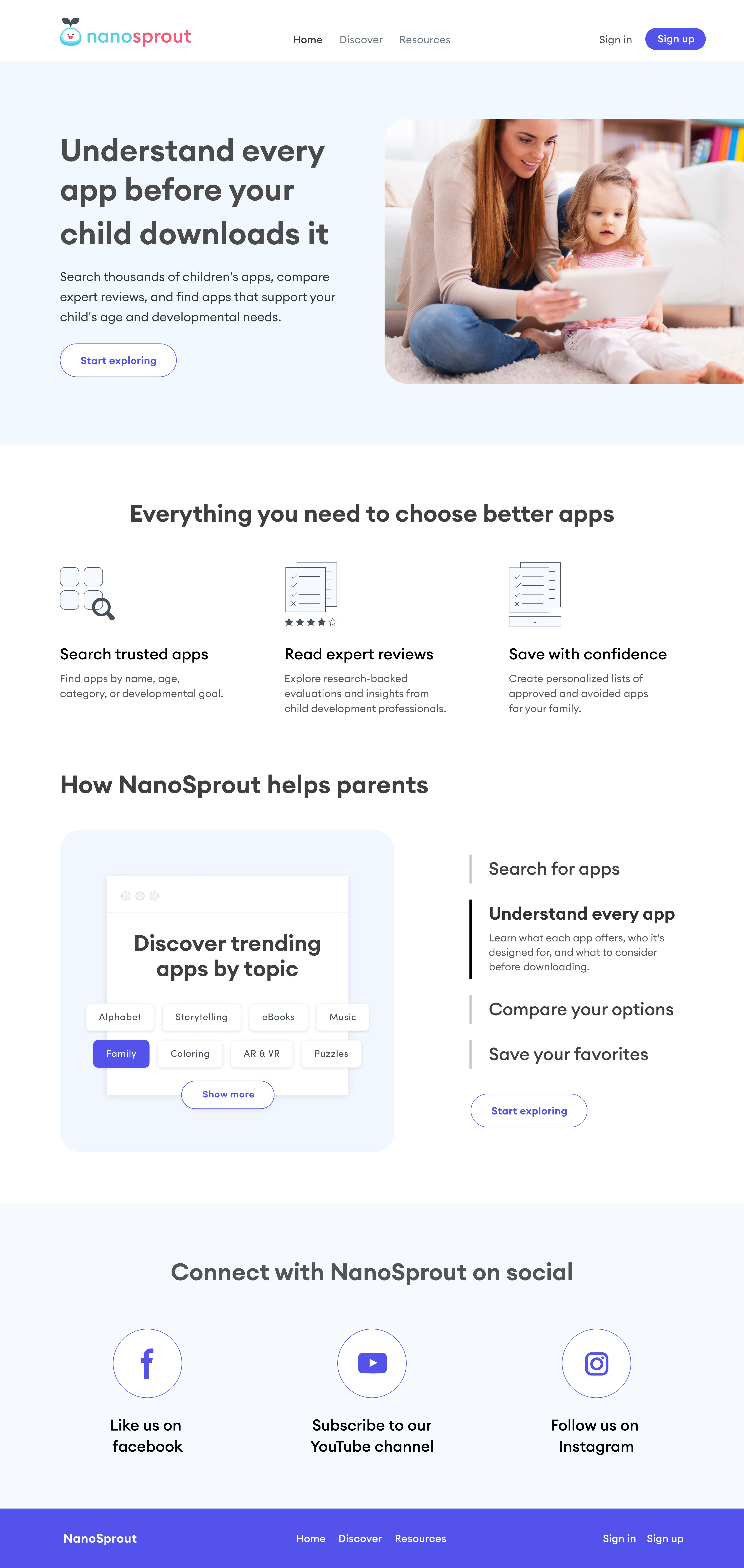 NanoSprout home page, final design