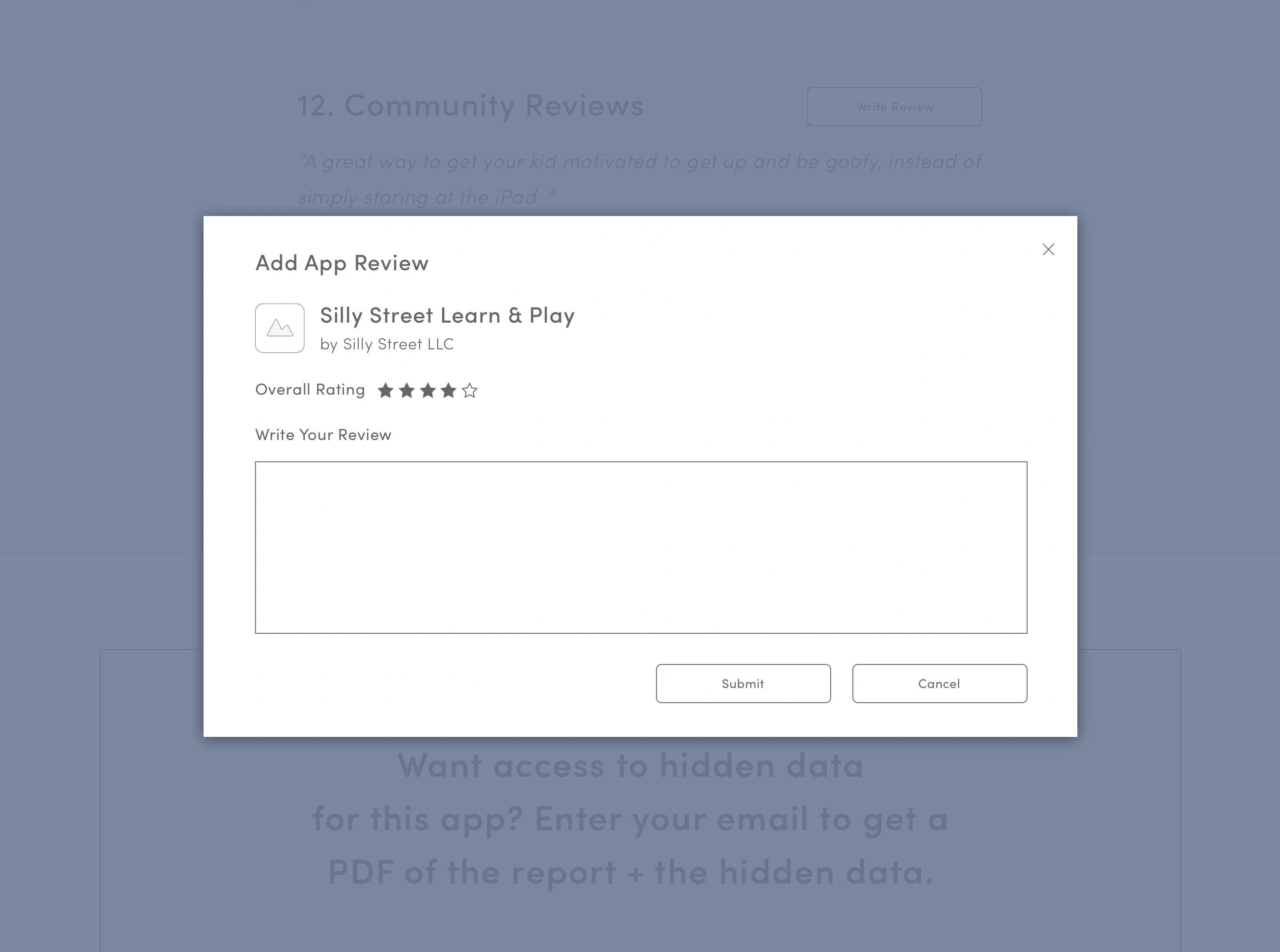 NanoSprout add app review modal wireframe
