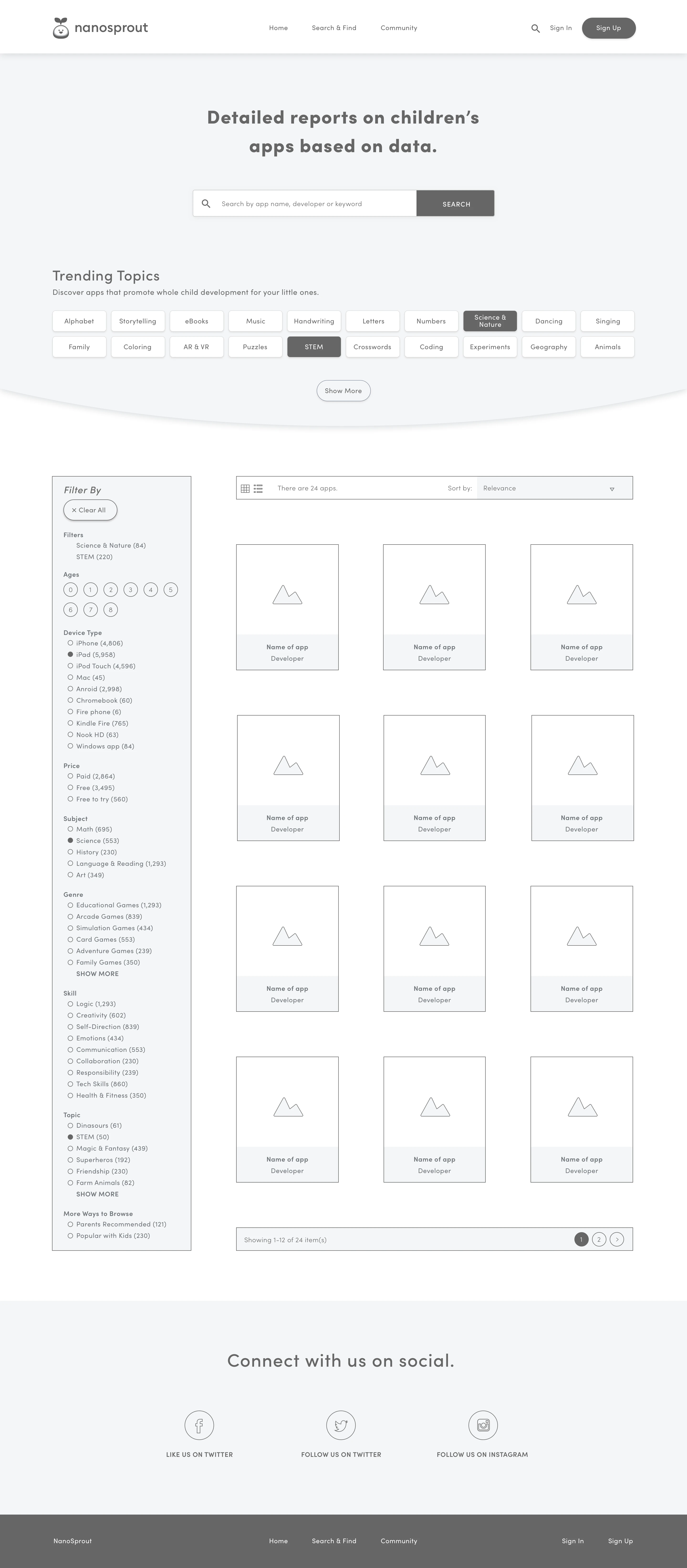 NanoSprout search and find wireframe