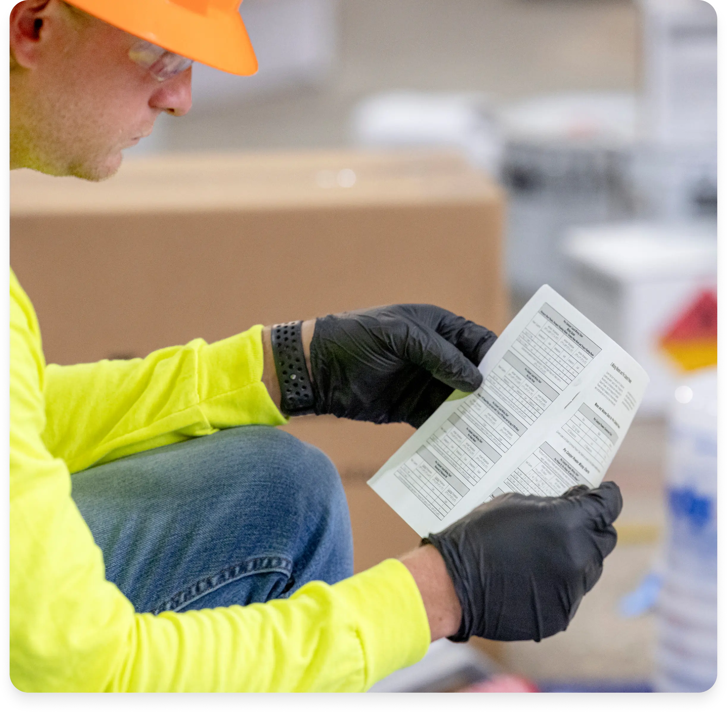 Contractor in safety gear reading a printed PDF guide on a job site