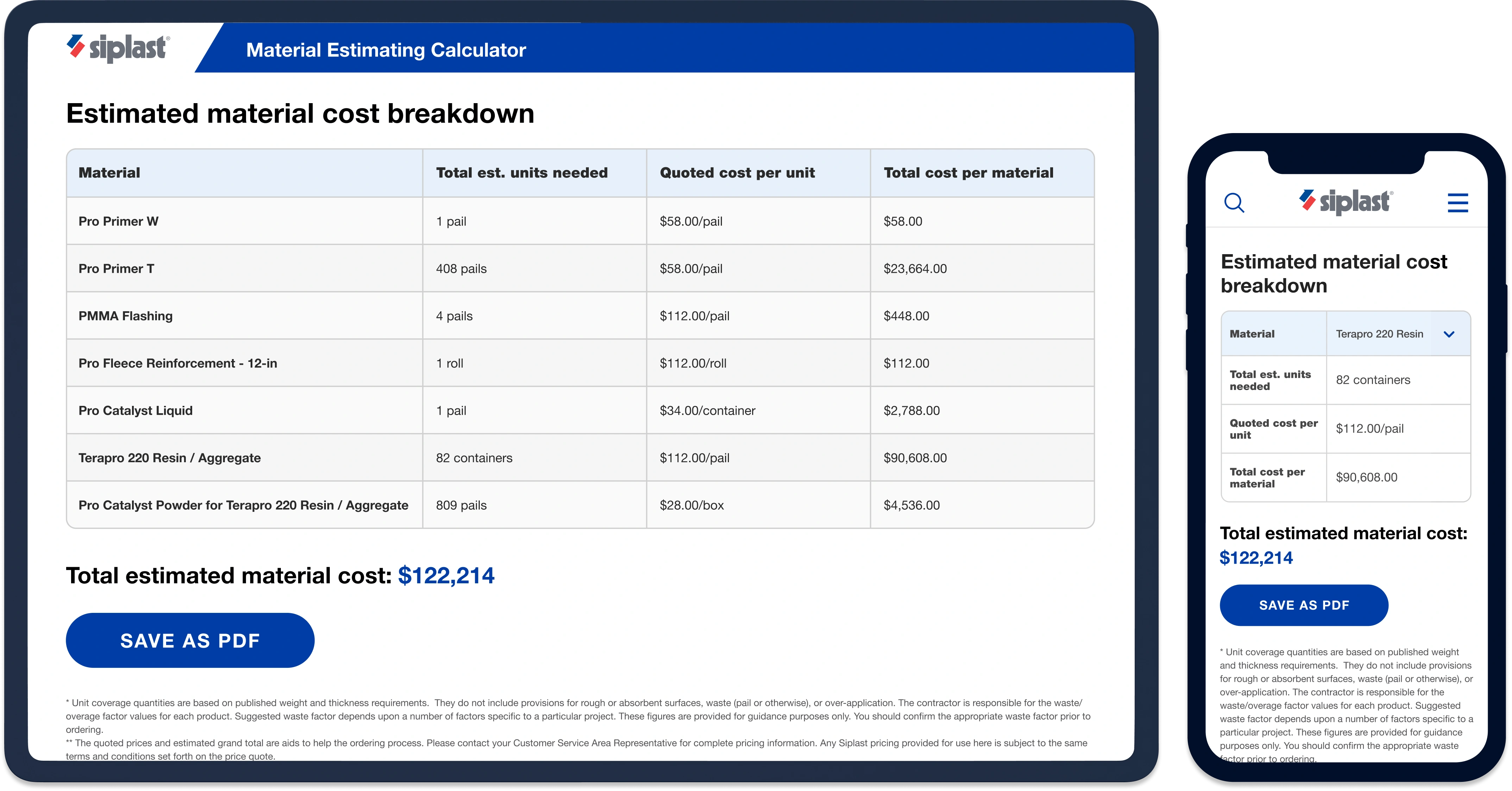Desktop and mobile views of the estimated material cost breakdown showing quantities, unit prices, totals, and Save as PDF action