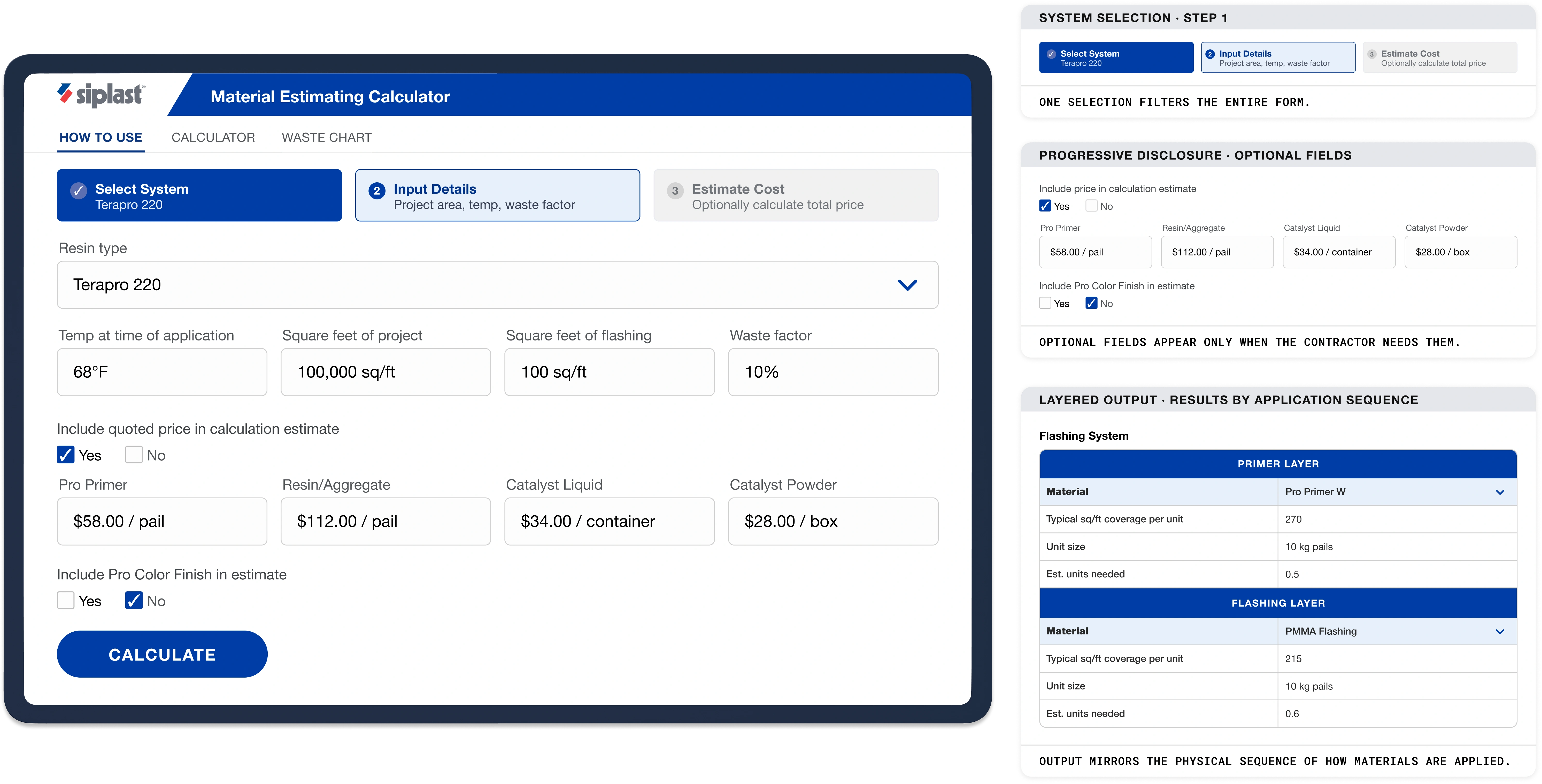 Siplast material estimating calculator showing the input view alongside system selection, progressive disclosure, and layered output callouts