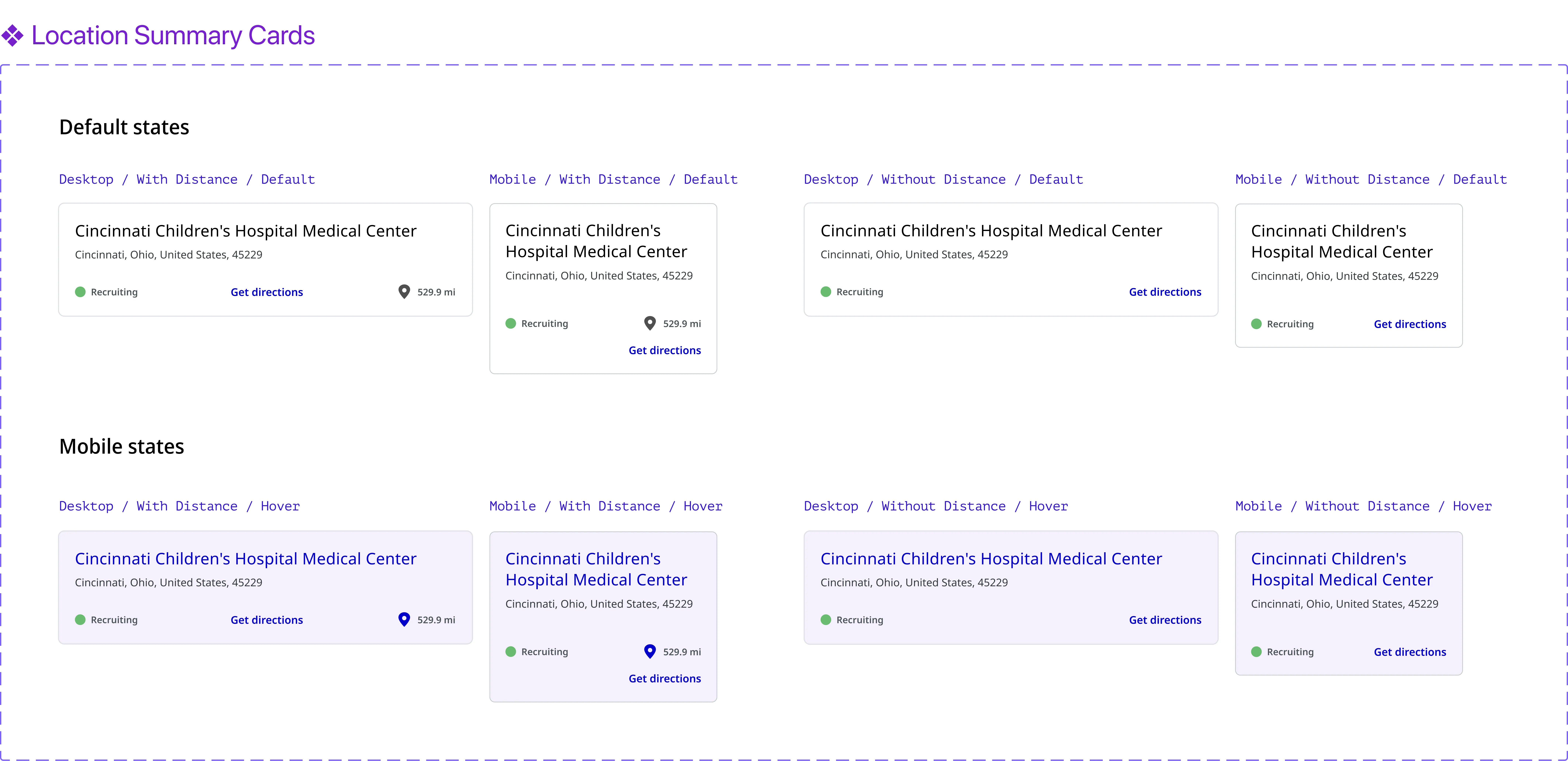 Study Locations component variations across desktop and mobile, with and without distance, default and hover states