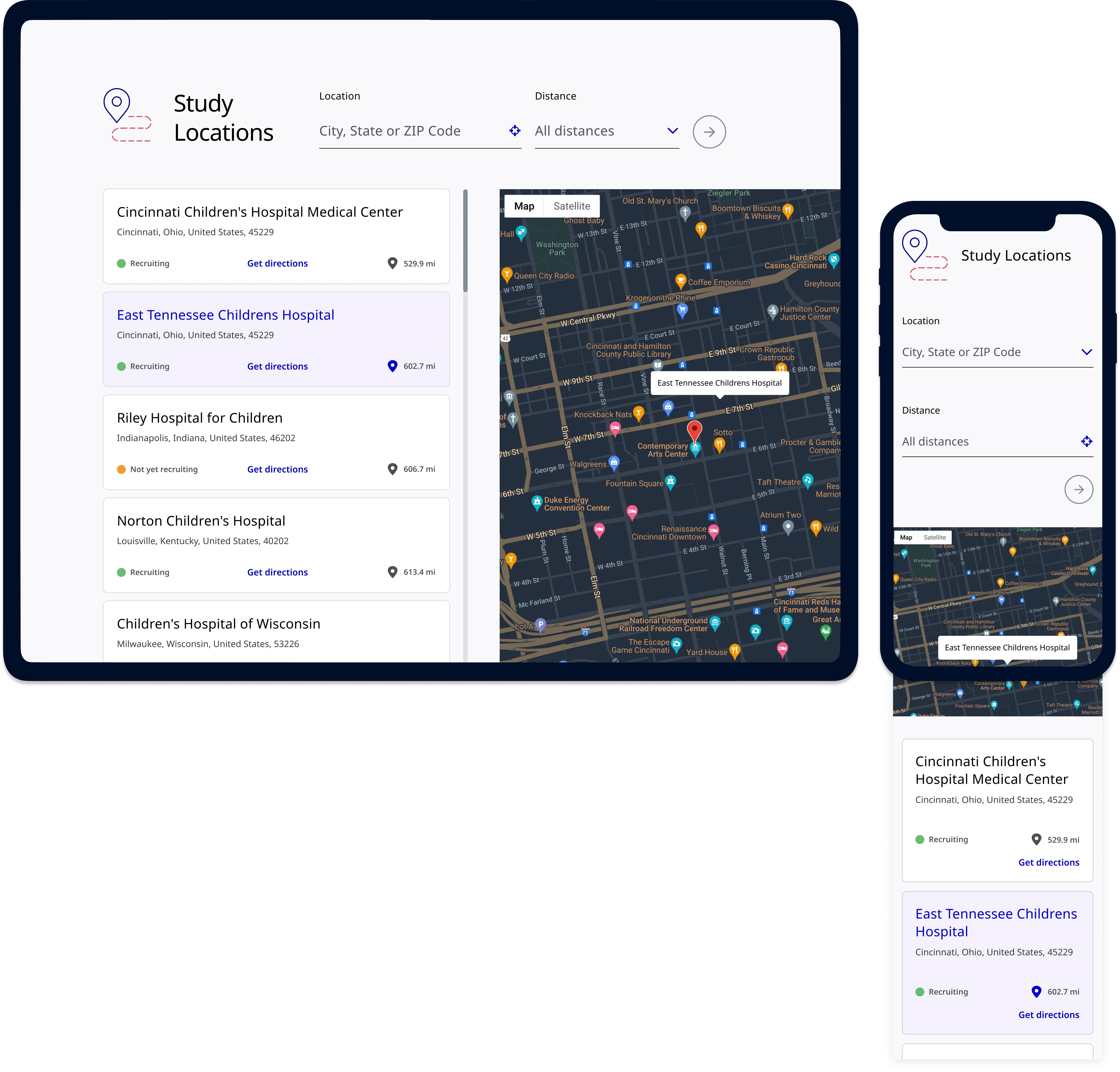 Study Locations feature shown on tablet and mobile device mockups